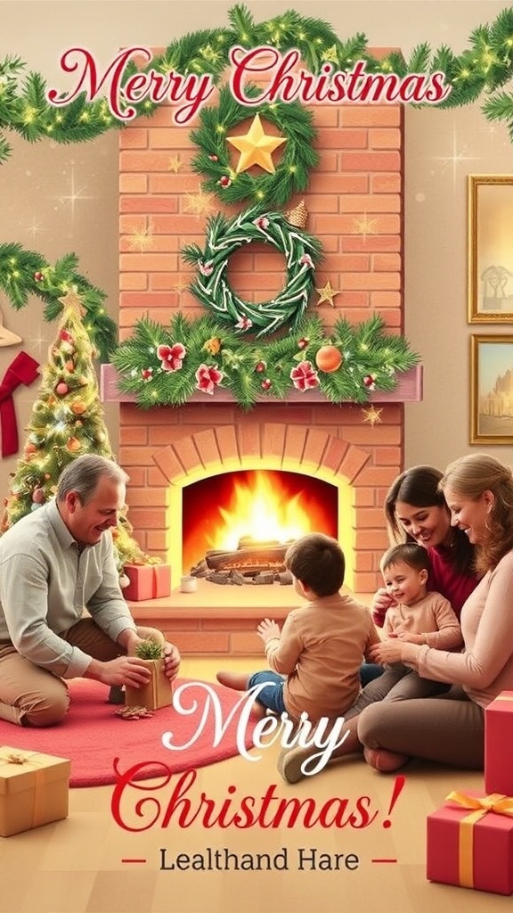Heartfelt Christmas Wishes for Family Greeting Cards A Christmas greeting card with a family scene by a fireplace and a decorated tree, featuring a heartfelt quote.